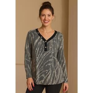 Honeyme Curvy XXL Gray Animal Print Knit Button Neck Soft Stretch Lounge Top